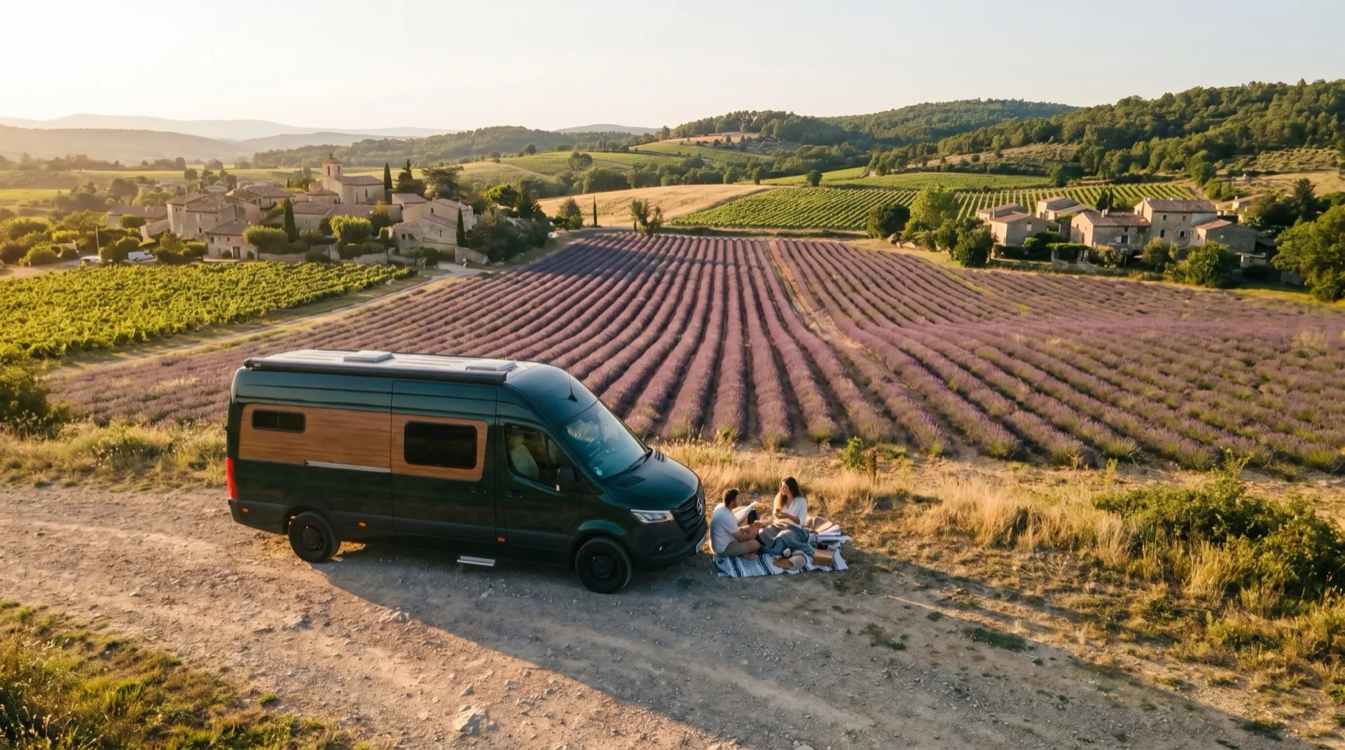 Campagne de Provence — collines boisées, champs et bottes de foin au crépuscule