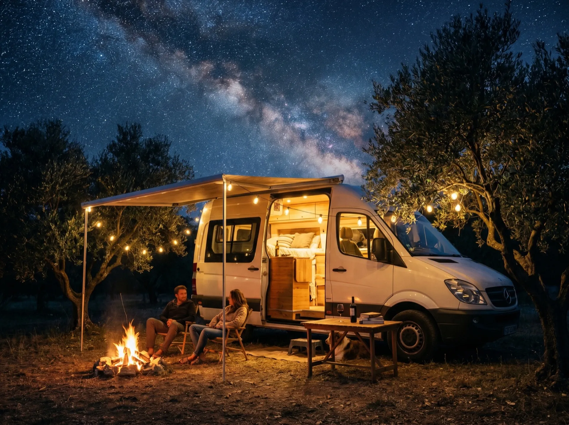Bivouac nocturne autour d'un van Neo-NOMAD, feu de camp et guirlande chaleureuse