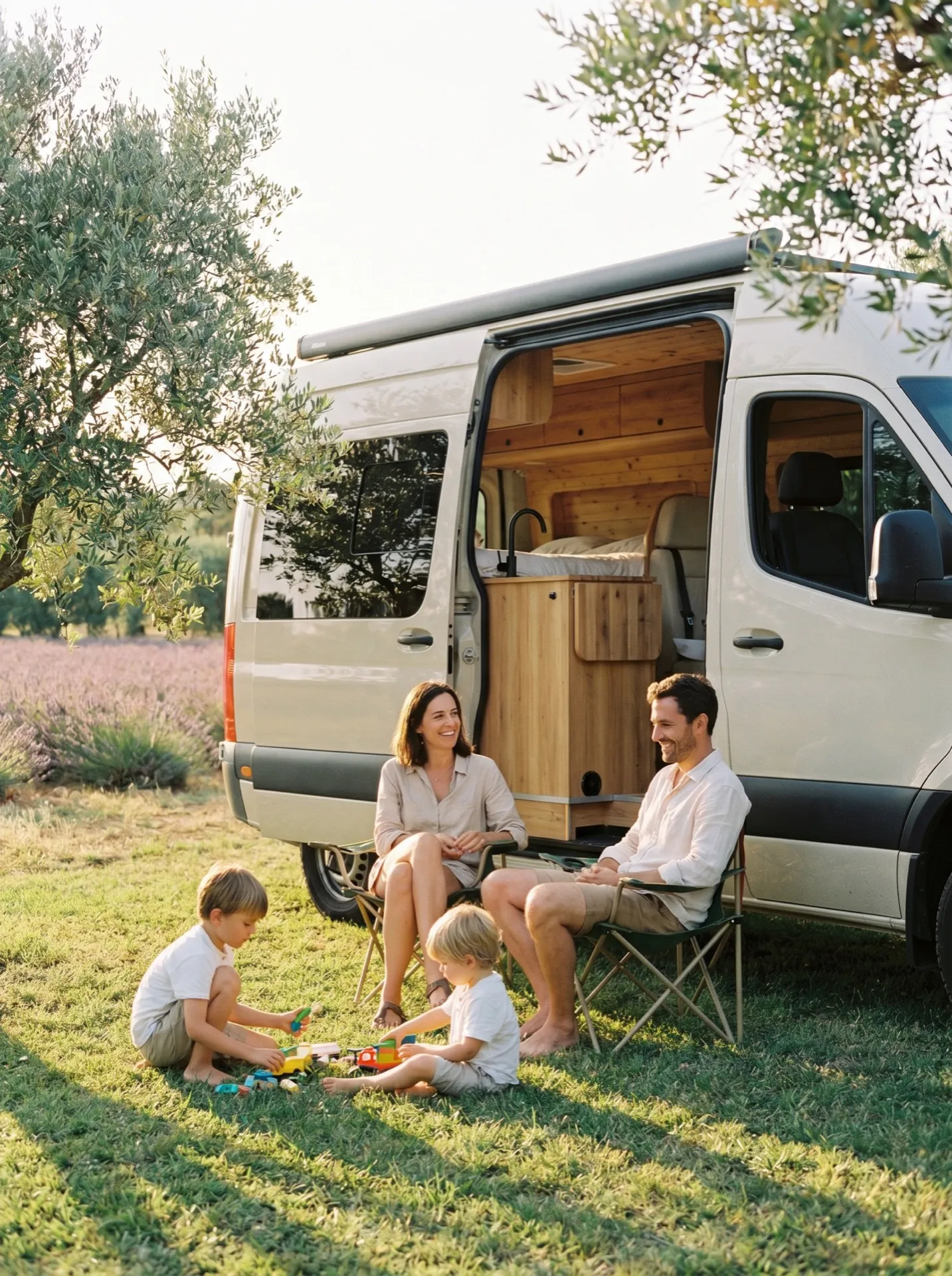Famille avec deux enfants profitant d’un fourgon Neo-NOMAD aménagé dans la campagne provençale