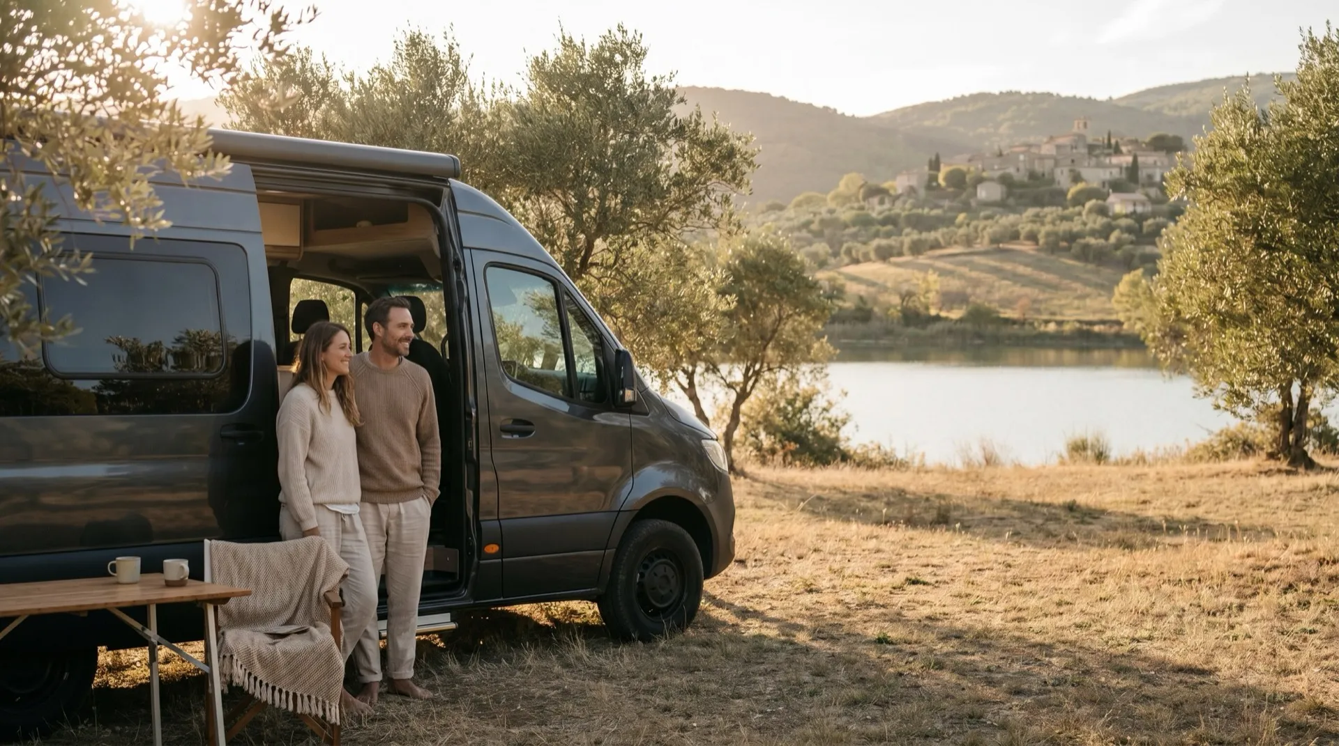 Couple détendu près de leur fourgon Neo-NOMAD premium au bord d’un lac de Provence au coucher du soleil