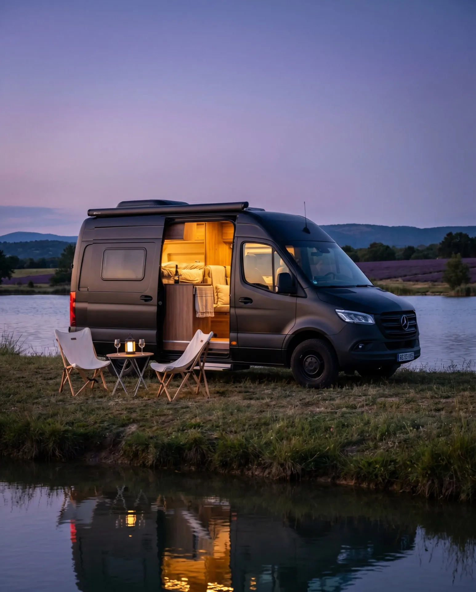 Fourgon Neo-NOMAD au crépuscule au bord d’un lac de Provence, lueur chaleureuse