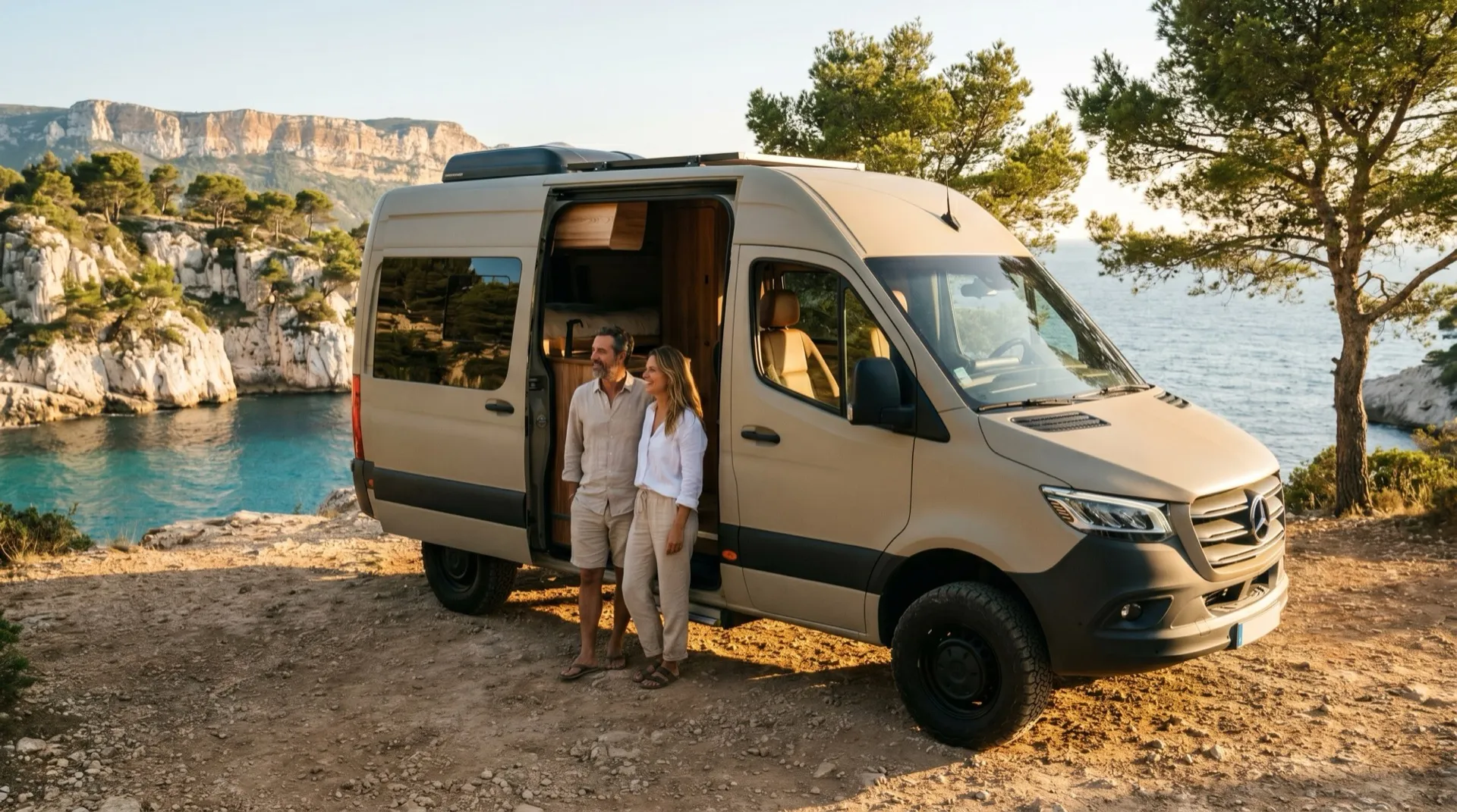 Fourgon Neo-NOMAD à l'arrêt au lever du soleil dans les collines de Provence