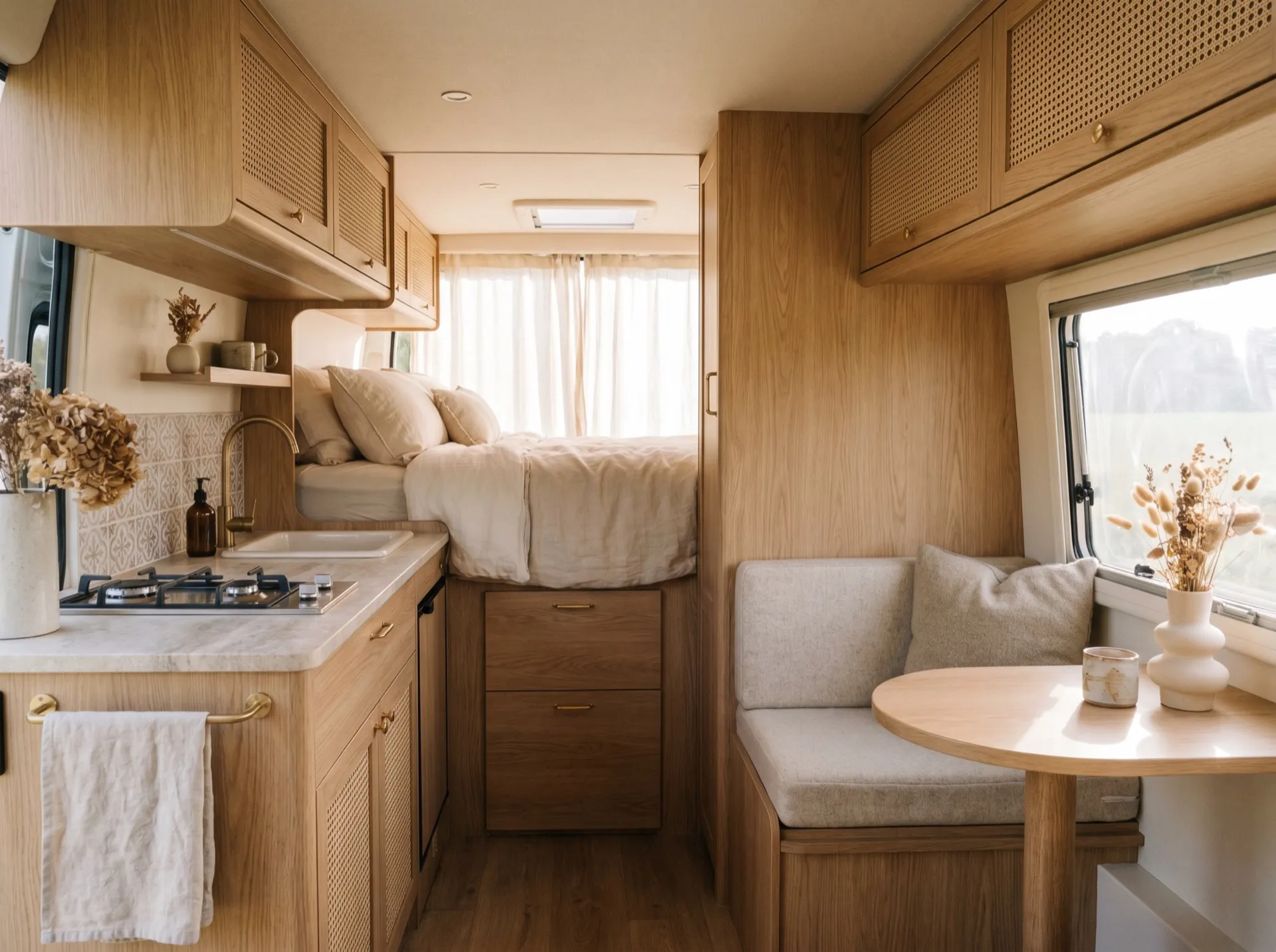 Intérieur d'un fourgon Neo-NOMAD aménagé : bois clair, lin et lumière douce du matin