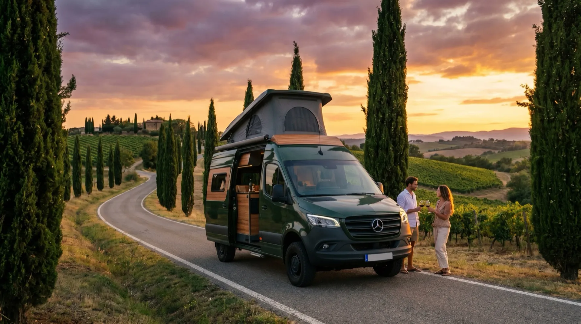 Fourgon Neo-NOMAD dans un paysage de Provence à l'heure dorée