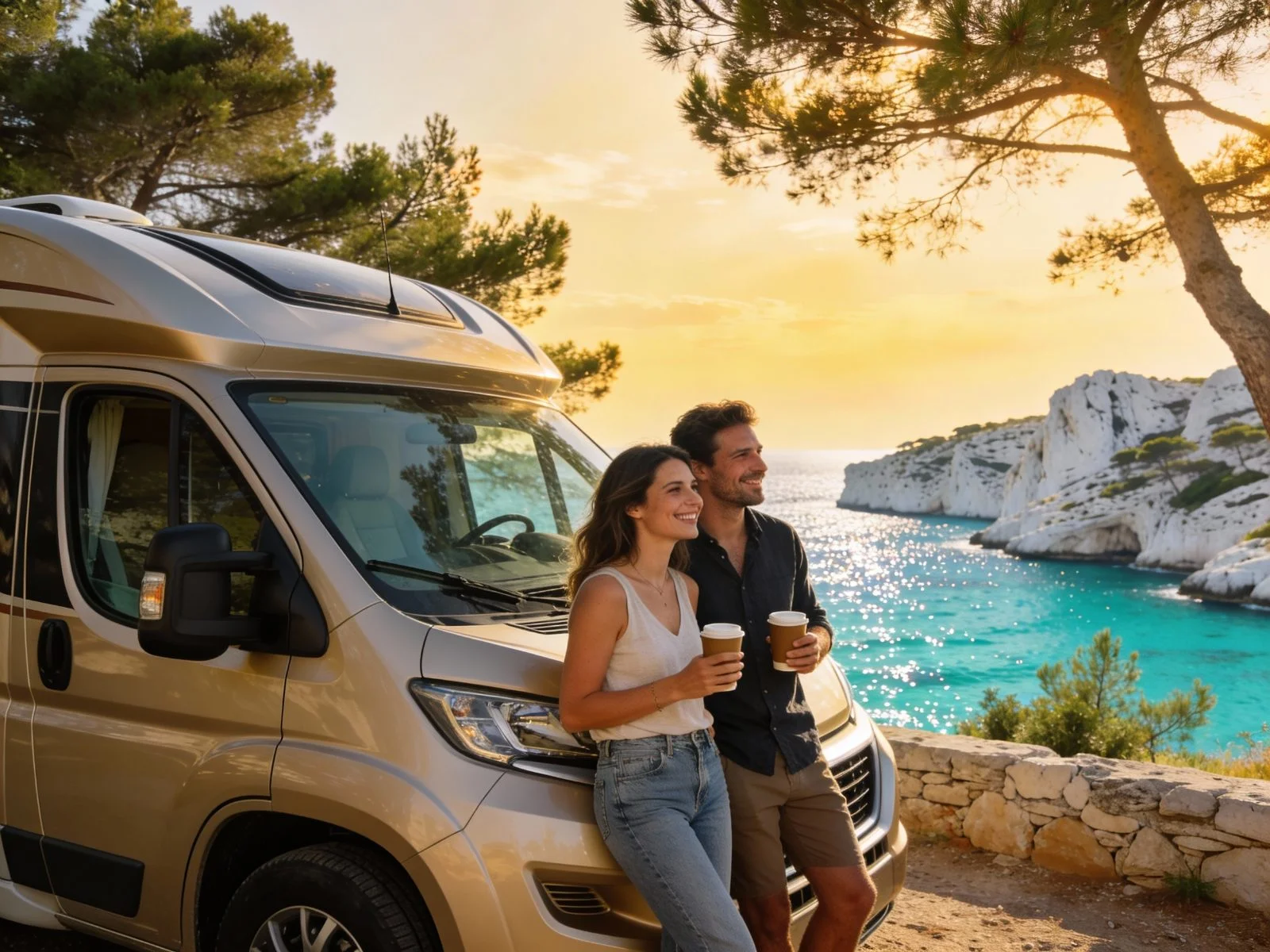 Couple devant un camping-car Neo-NOMAD au bord d'une calanque turquoise de la région Sud Provence-Alpes-Côte-d’Azur à l'heure dorée