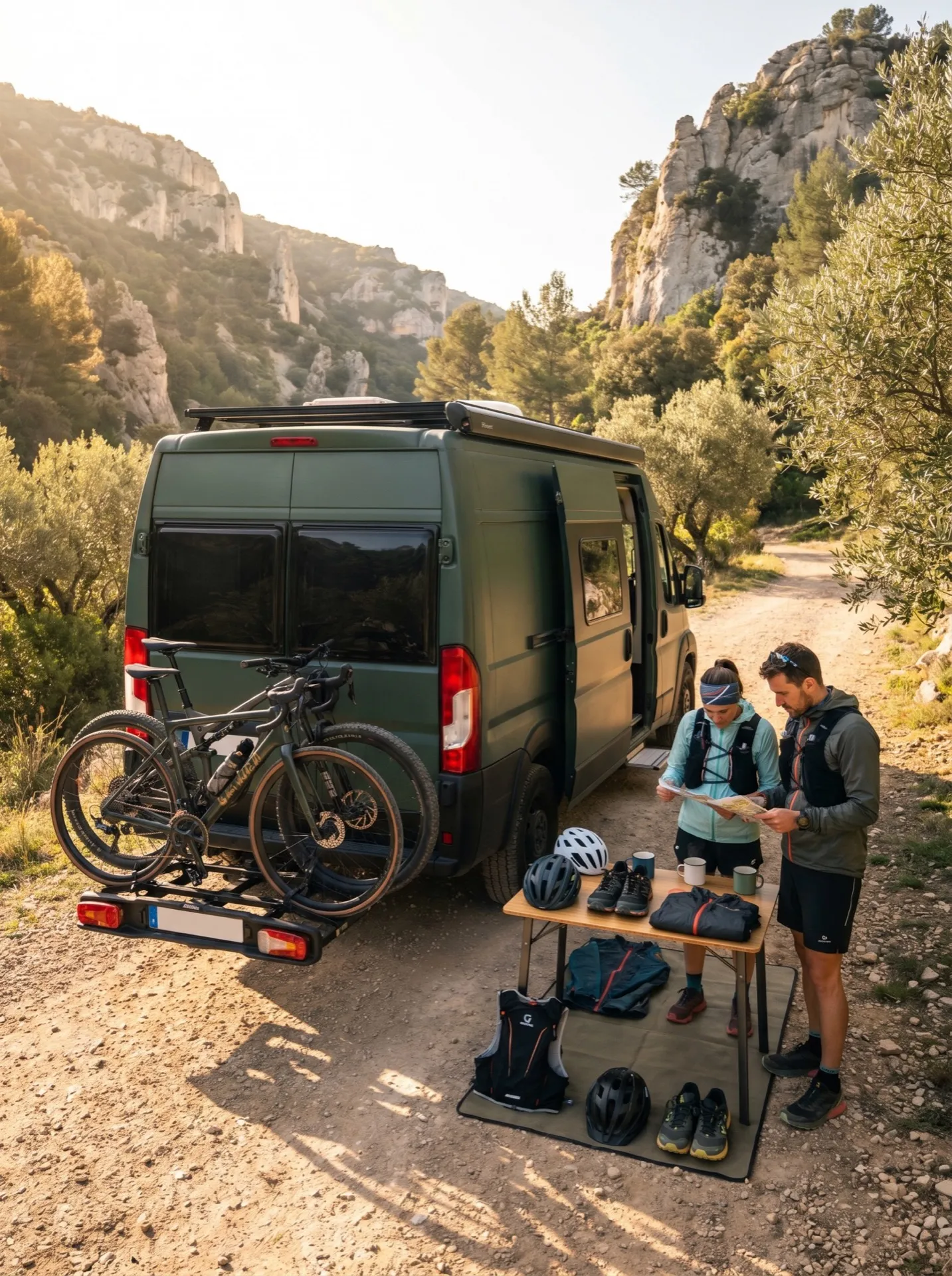 Camp de base technique : fourgon Neo-NOMAD avec porte-vélos et matériel d’athlètes dans un canyon de Provence