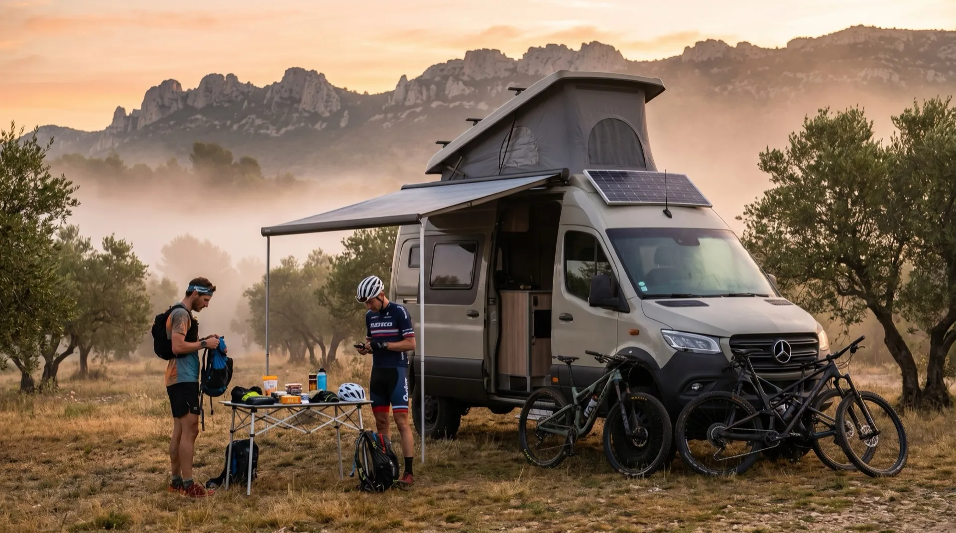 Camp de base technique autour d’un fourgon Neo-NOMAD premium au lever du soleil, vélos et cyclistes en préparation dans les montagnes de Provence