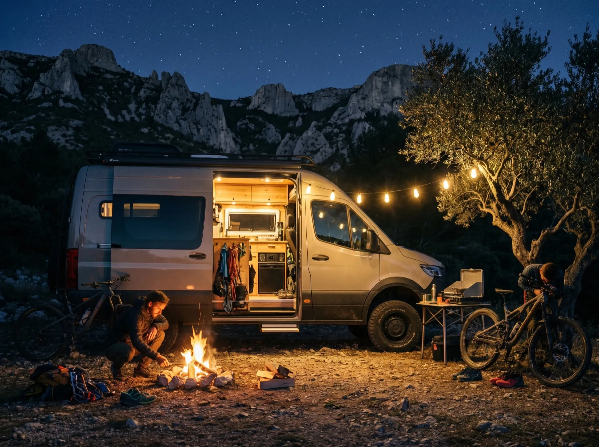 Camp de base technique d’un fourgon Neo-NOMAD la nuit en montagne de Provence, vélos et matériel sous un ciel étoilé