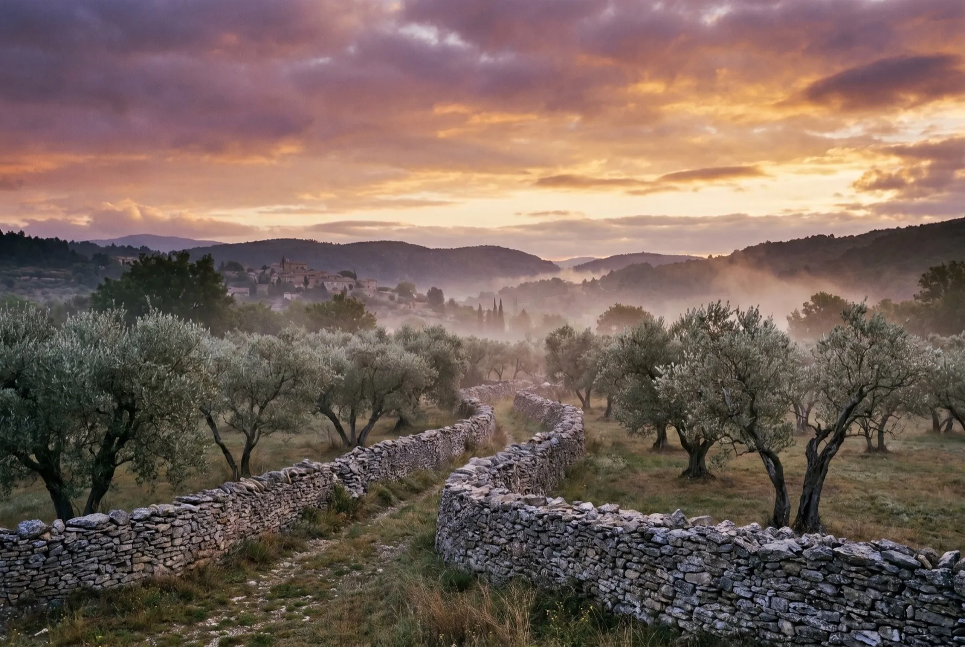 Pierre sèche et oliveraie de Provence au crépuscule, ancrage local de Neo-NOMAD