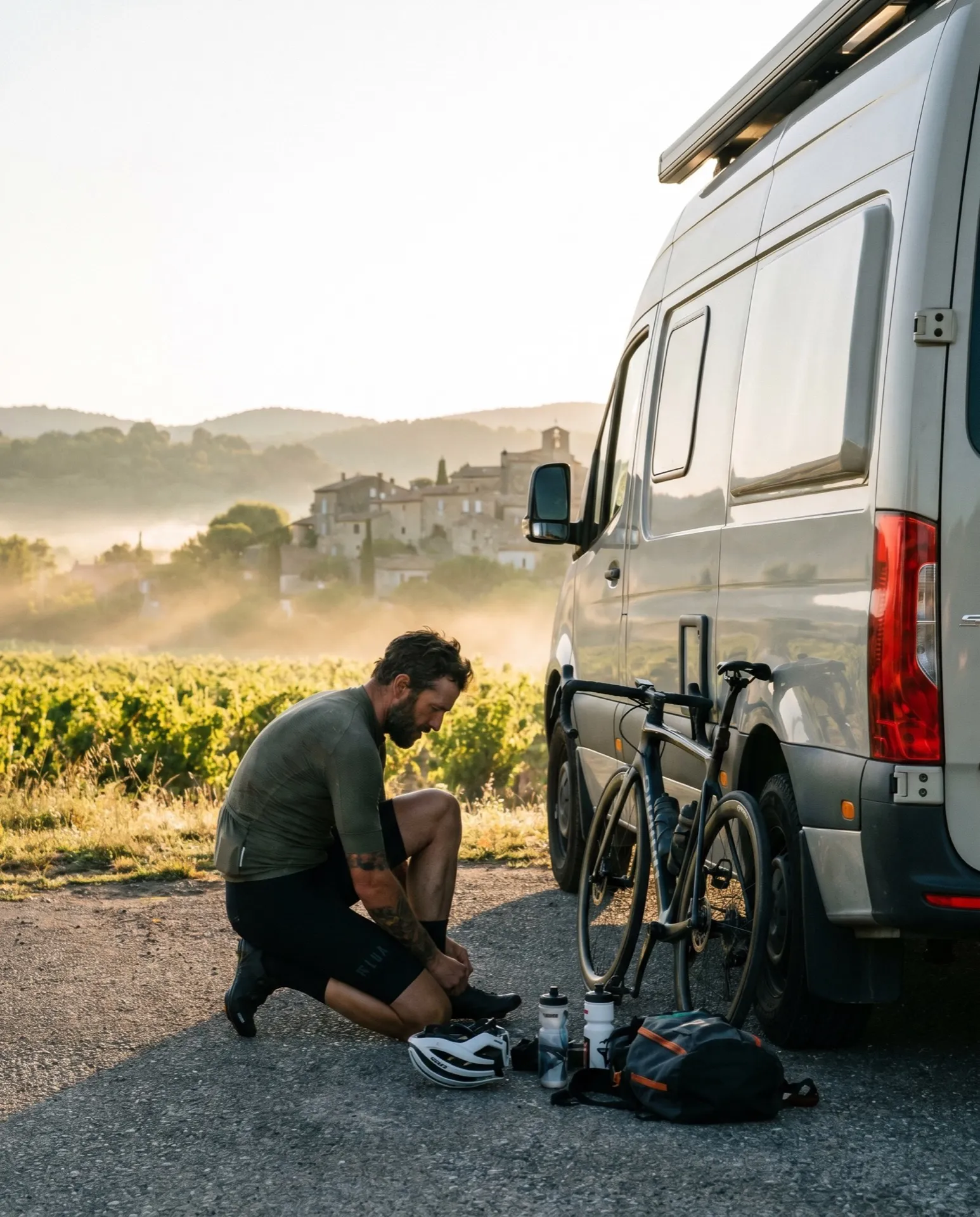 Coureur en contre-jour sur une crête au lever du soleil, esprit outdoor