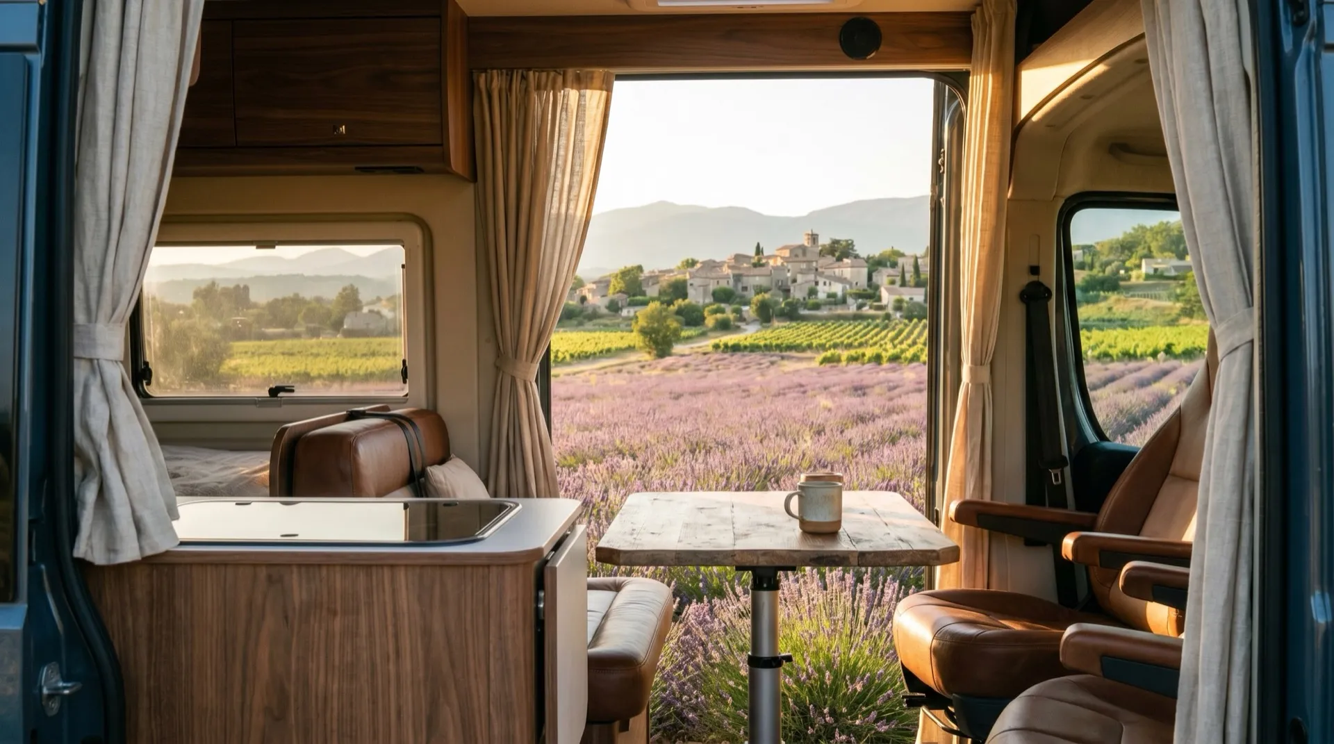 Horizon de Provence défilant par la vitre d'un van Neo-NOMAD